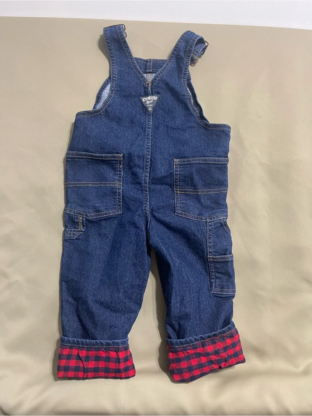OshKosh B'gosh Dark Blue Denim Overalls with Red Plaid Cuff - Kids